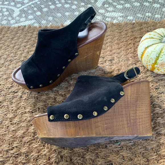 Black Open Toe Studded Suede Wedges - Picture 3 of 7